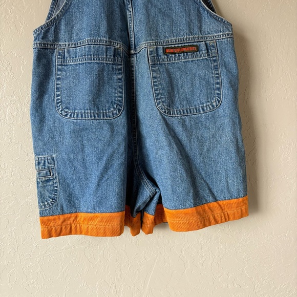 Vintage 90s B.U.M. Equipment Denim Short Overalls | Orange Mesh Lined | L - Picture 10 of 14